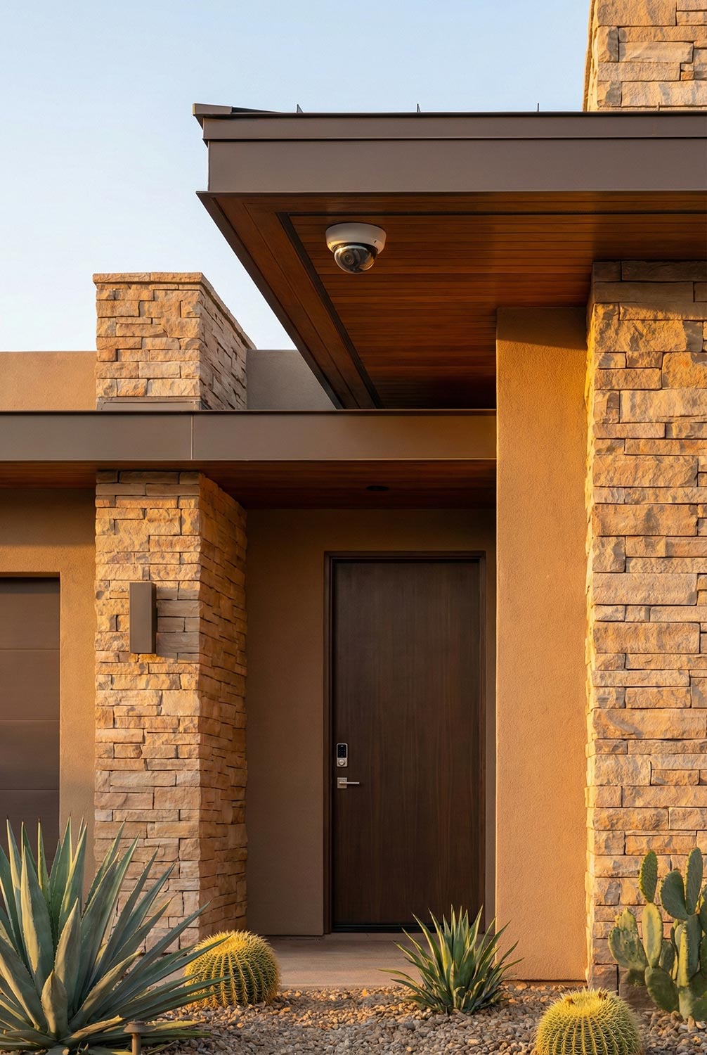 Home entry with stone walls, desert plants, and a security camera under the roofline